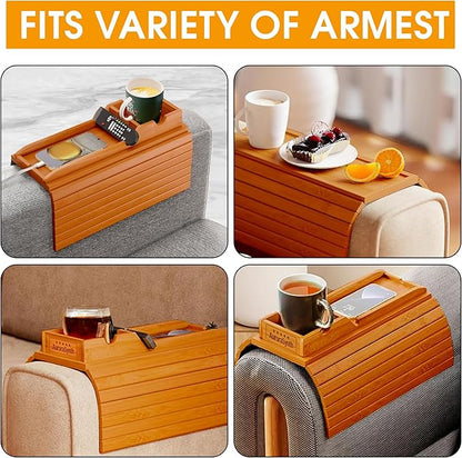Couch Cup Holder Tray with 2 Cork Coasters, Couch Caddy, Anti-Slip Foldable Armrest Sofa Tray, Couch Armrest Table, Anti-Spill Holder for Remote, Snacks, Cellphone - Ideal Gift (Mahogany)