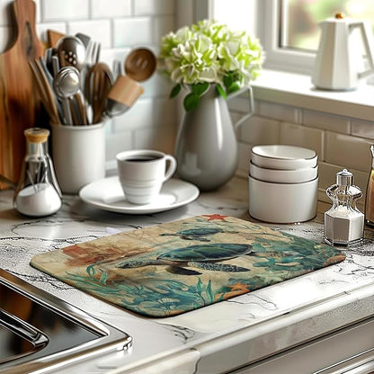 Wnoesat Vintage Ocean Sea Turtle Dish Drying Mats for Kitchen Counter 16 X 18 Inch Summer Turtle Dish Mat Drying Kitchen Mat Nautical Coastal Absorbent Drying Mat with Hanging Loop, 240219