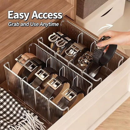 Liznkjious Acrylic Belt Organizer, 2 Pack with 5 Adjustable Dividers, Clear Stackable Belt and Tie Storage Organizer for Closet and Drawer, Multi-Purpose Display Bins for Belts,Ties, Socks, Underwear