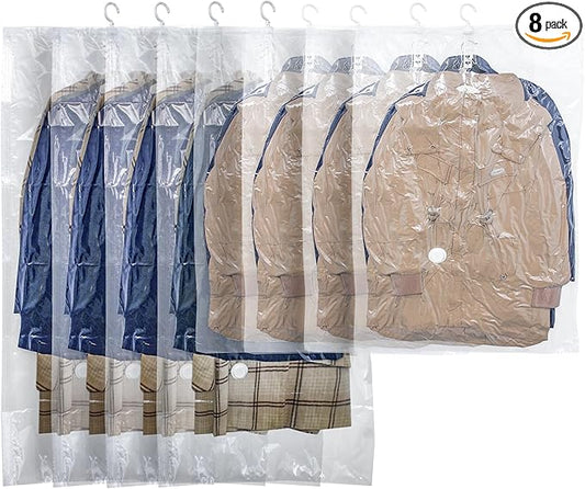 Hanging Vacuum Storage Bags,Hanging Vacuum Sealer Storage Space Saver Bags for Clothes, Suits, Coats, Dresses or Jackets, Reusable Compressed Vacuum Bags Closet Organizers,8 Pack(4 Long,4 Short)
