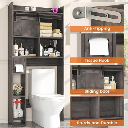 Semoic Over The Toilet Storage Cabinet, Over The Toilet Shelf with Sliding Door & Toilet Paper Holder Stand, Bathroom Above Toilet Storage, Home Space-Saving Toilet Rack for Bathroom, Restroom, Grey