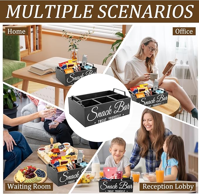 Snack Organizer for Countertop, Wood Pantry Storage Bins with Handles, Snack Bar Organizer for Pantry Shelf, 4 Compartment Food Container Box, Kitchen Storage Organizer for Nut,Chips,Beverage (Black)