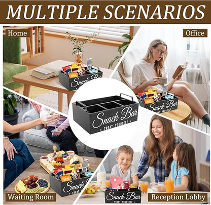 Snack Organizer for Countertop, Wood Pantry Storage Bins with Handles, Snack Bar Organizer for Pantry Shelf, 4 Compartment Food Container Box, Kitchen Storage Organizer for Nut,Chips,Beverage (Black)
