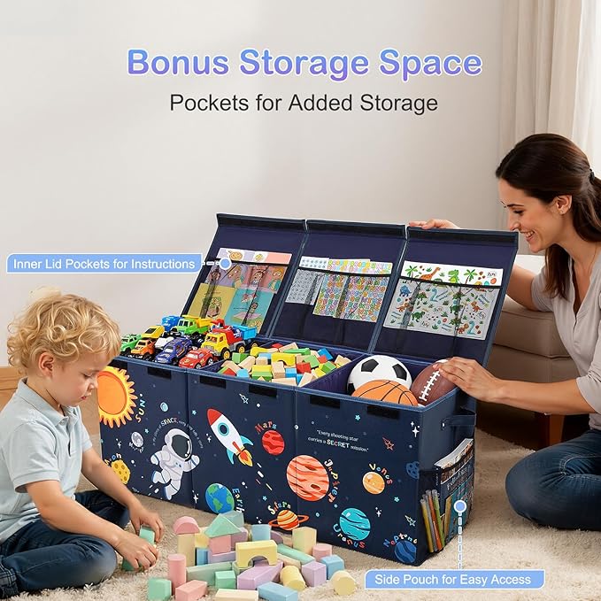 Unicorn Castle Toy Box with Adjustable Divider Toy Chest Storage Large Toy Storage Organizer Bin Collapsible with Lid Pockets for Nursery Playroom,Blue Astronaut