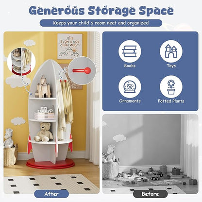 Rocket Kids Bookshelf, Space Themed Toy Storage Organizer with Coat Hooks, 360° Rotating Children's Bookcase for Playroom, Bedroom, Nursery