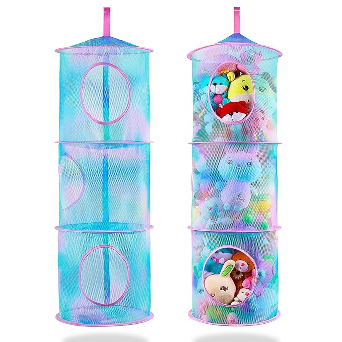 Basumee Stuffed Animals Net or Hammock 2 Pcs Stuffed Animals Storage Toy Net Hammock for Plushies Storage Organizer Mesh Kids Girls Room Decor, Blue Teal, 3 Tiers