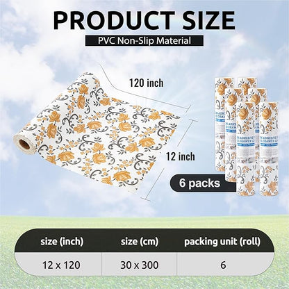 FIFTY FEET 12X120 Inch Shelf Liner for Kitchen Cabinets, PVC Drawer Liner for Dresser Non-Slip Bathroom, Non-Adhesive Cabinet Liner Washable (Yellow Floral)(6 Roll)