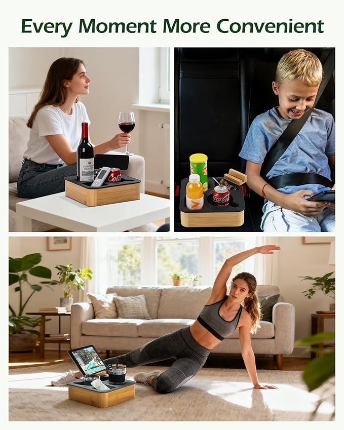 Couch Cup Holder Tray, Bamboo Couch Caddy with Rotatable Phone Holder for Bed Organizer, Waterproof Anti-spill Sofa Cup Holder for Snacks Beverage Remote Black