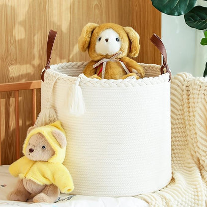 KAKAMAY Large Blanket Basket (18"x16"),Woven Baby Laundry Hamper,Cotton Rope Blanket Basket for Nursery, Laundry, Living Room, Pillows, Baby Toy chest with Leather Handles (White)