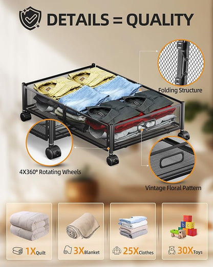 YEEBONIX Under Bed Organizer, Storage Bins Under Bed, 60L Underbed Storage Bins for Bedroom Clothes Shoes Blankets (Black, 4 Pack)