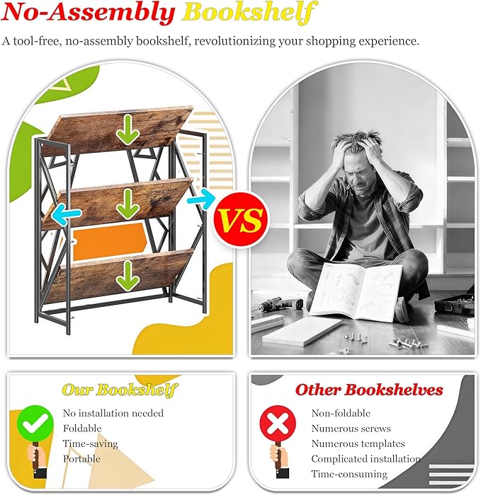 UDD No Assembly Wide Folding Bookshelf, 34" H x 30.9" W, 3 Tier Foldable Book Shelf Industrial Bookcase, Vintage Collapsible Storage Shelves for Home Office Living Room Bedroom, Rustic Brown Black