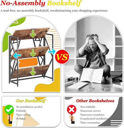 UDD No Assembly Wide Folding Bookshelf, 34" H x 30.9" W, 3 Tier Foldable Book Shelf Industrial Bookcase, Vintage Collapsible Storage Shelves for Home Office Living Room Bedroom, Rustic Brown Black