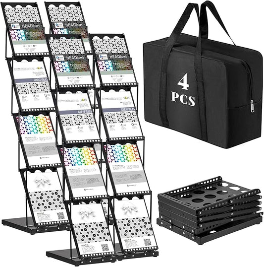 Tatuo 4 Pieces Foldable Magazine Rack Metal Catalog Literature Rack Portable 4 Pockets with Carrying Bag Brochure Stand Literature Display Holder Stand for Exhibition Trade Show