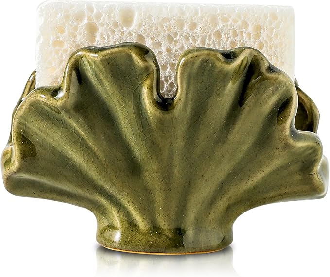 Uiddo Ceramic Sponge Holder,Sponge Holder for Kitchen Sink,Compact Sink Caddy Organizer-Scouring Pad and Dish Holder,Farmhouse Kitchen Decor Cute Gadgets Accessories(Green)