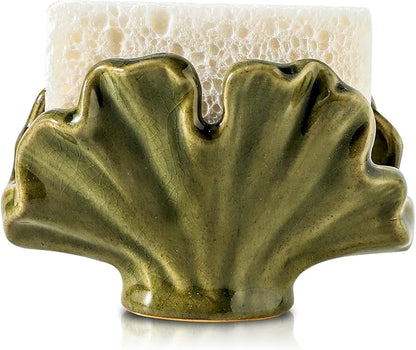 Uiddo Ceramic Sponge Holder,Sponge Holder for Kitchen Sink,Compact Sink Caddy Organizer-Scouring Pad and Dish Holder,Farmhouse Kitchen Decor Cute Gadgets Accessories(Green)