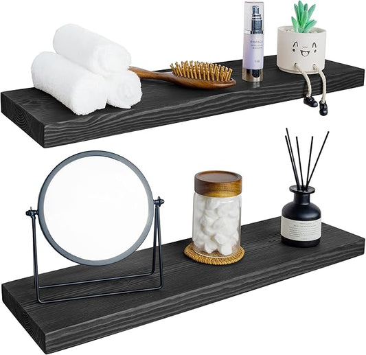 BGMG Wood Floating Shelves for Wall 30 inch Set of 2,Black Floating Shelves,Solid Wood Wall Mount Shelves for Bathroom Living Room Bedroom Kitchen Farmhouse -30x 6.7 x1.25 inch
