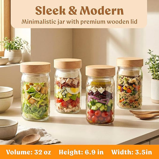 4 Pack Glass Salad Jars Pod with Wooden Lids for Meal Prep, Leakproof Container with Two Small Built in Cups for Wet/Dry Separation for Salad Dressing and Ingredients, 32oz Mason Jars