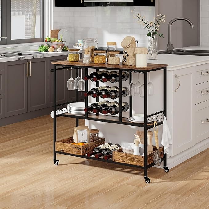 Giantex Bar Cart, 3 Tier Home Serving Cart on Wheels with Handle, Glass Racks, Wine Holders, Hooks & Storage Boxes, Industrial Rolling Beverage Cart for Kitchen, Dining Room, Living Room, Rustic Brown