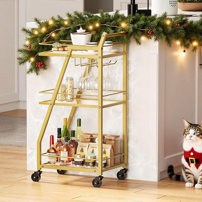 Bar Cart for The Home, Small Bar Cart on Wheels, Home Bar Serving Cart with Glass Holder, for Kitchen, Transparent and Gold BC03GD
