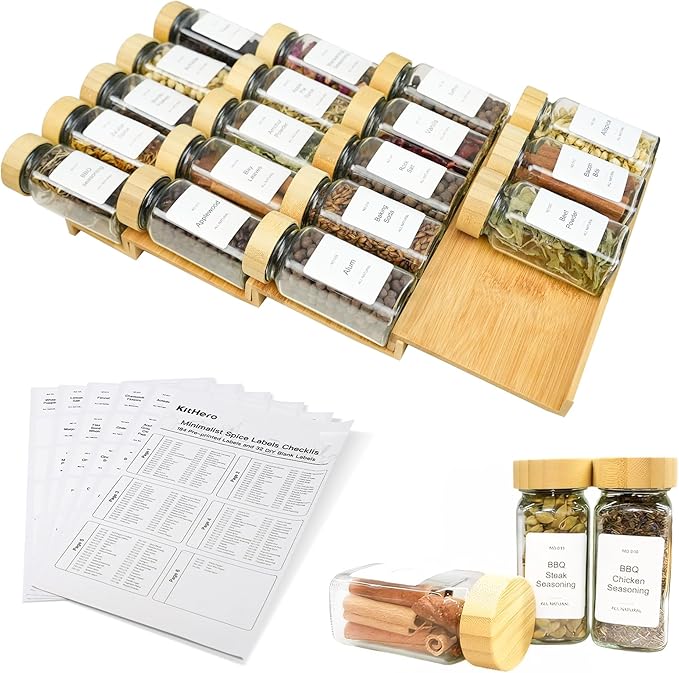 KitHero Spice Drawer Organizer with 18 Bamboo-lidded Spice Jars,216 Labels,50 Non-slip Rubber, Bamboo 4 Tier Seasoning Rack Tray Insert for Kitchen Drawers,Cabinets,Countertop,9" Wide x 15.8" Deep
