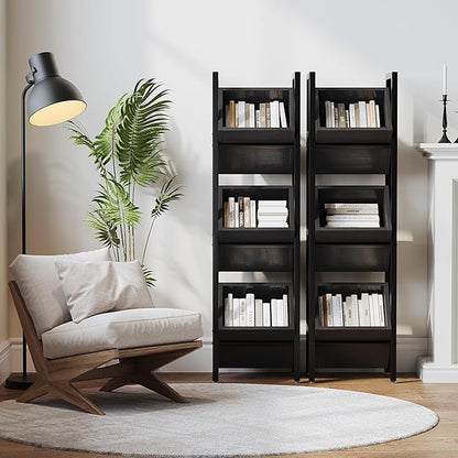 LITTLE TREE 3-Tier Basket Stand, Rustic Standing Organizer Storage Rack, Wooden Floor Stand Shelving Unit for Kitchen, Bathroom, Living Room (2, Black)
