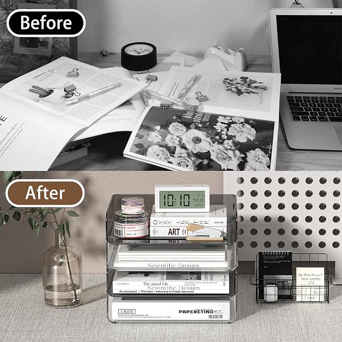 4-Tier Acrylic Paper Tray Organizer for Desk, Clear & Brown Stackable Letter Trays, Modern Desktop File Organizer with Snap-Fit Design, Office Desk Accessories