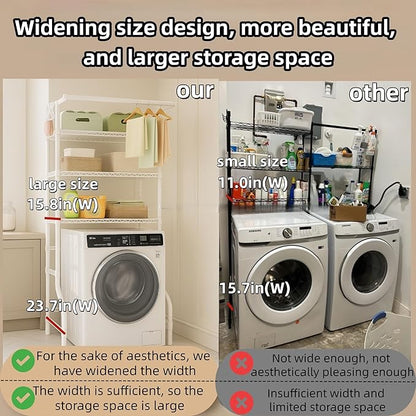 The Storage Rack Above The Washing Machine, Dryer, and Refrigerator has Been Widened in Width. There are Laundry Bags and Drying Pockets. Adjustable Height Laundry Room Shelves Organizer(White)