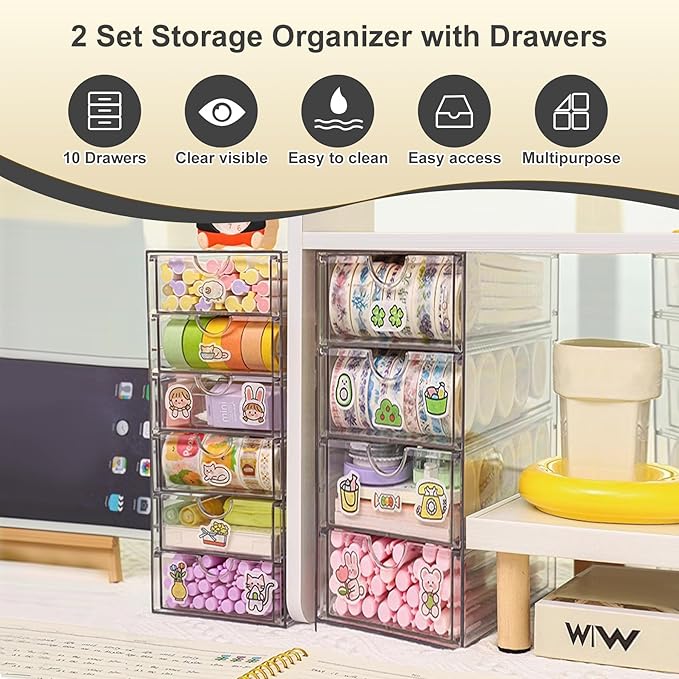 Acrylic Drawer Organizer with 10 Drawers, 2 Set Craft Organizers and Storage, Clear Storage Drawers, Desk Drawer Organizer for Vanity, Office Supplies, Jewelry, Pen