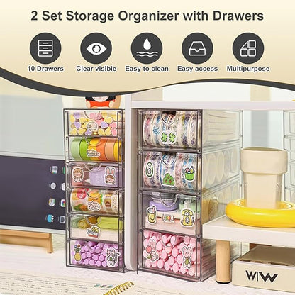 Acrylic Drawer Organizer with 10 Drawers, 2 Set Craft Organizers and Storage, Clear Storage Drawers, Desk Drawer Organizer for Vanity, Office Supplies, Jewelry, Pen