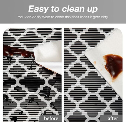 Glotoch Shelf Liners for Kitchen Cabinets 17.5” x 30 ft, Non Slip Drawer Liner, Waterproof Cabinet Liner for Wire/Pantry/Closet/Dresser-Non Adhesive, Heavy Duty, Quatrefoil, Black&White