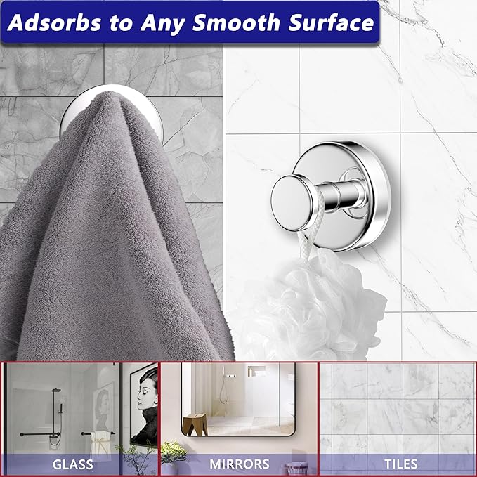 Suction Cup Hooks for Shower,Removable No Drill Towel Hooks,Upgraded 15 lbs Strong Suction hooks for Bathroom Tile,Shower Wall,Glass Door,Kitchen-Loofah,Coat,Stainless Waterproof-Chrome 2 Pcs