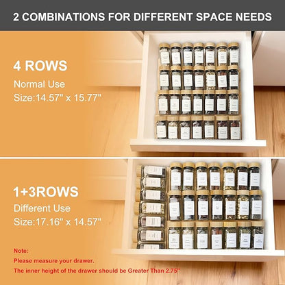 KitHero Spice Drawer Organizer with 28 Bamboo-lidded Spice Jars,216 Labels,25 Non-slip Rubber, Bamboo 4 Tier Seasoning Rack Tray Insert for Kitchen Drawers,Cabinets,Countertop,14.6" Wide x 15.8" Deep
