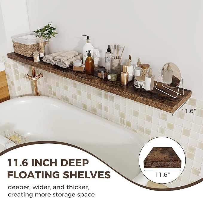 Fun Memories Brown Deep Floating Shelves, 72 x 12 Inch Long Wall Shelves, Large Display Shelf & Storage Shelf, Wood Floating Wall Shelves for Fireplace Mantel, Living Room, Home Office - Set of 2