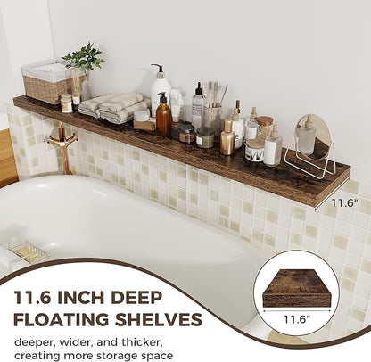 Fun Memories Brown Deep Floating Shelves, 72 x 12 Inch Long Wall Shelves, Large Display Shelf & Storage Shelf, Wood Floating Wall Shelves for Fireplace Mantel, Living Room, Home Office - Set of 2