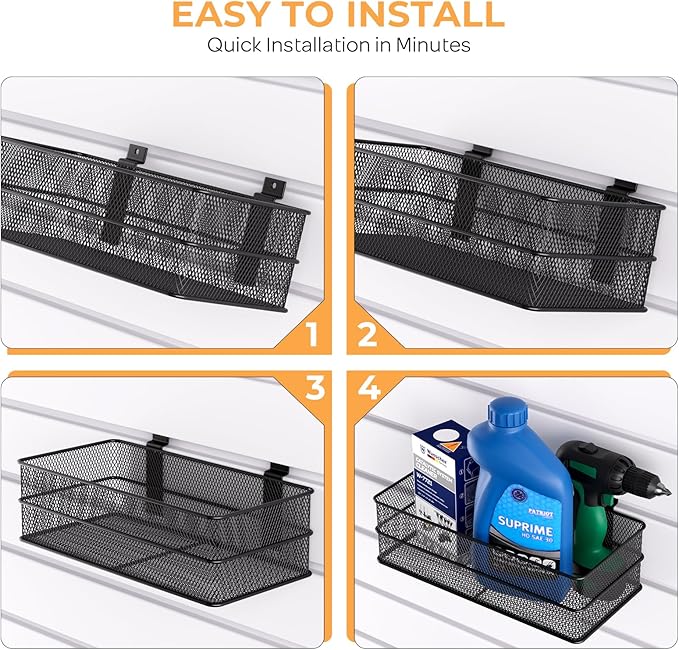 INCLY 4 Pack Upgrade Slatwall Baskets, Heavy Duty Metal Mesh Slat Wall Basket, Mounted Hanging Storage Slatwall Accessories for Garage Organizing Shop Display on Slat Wall Panels