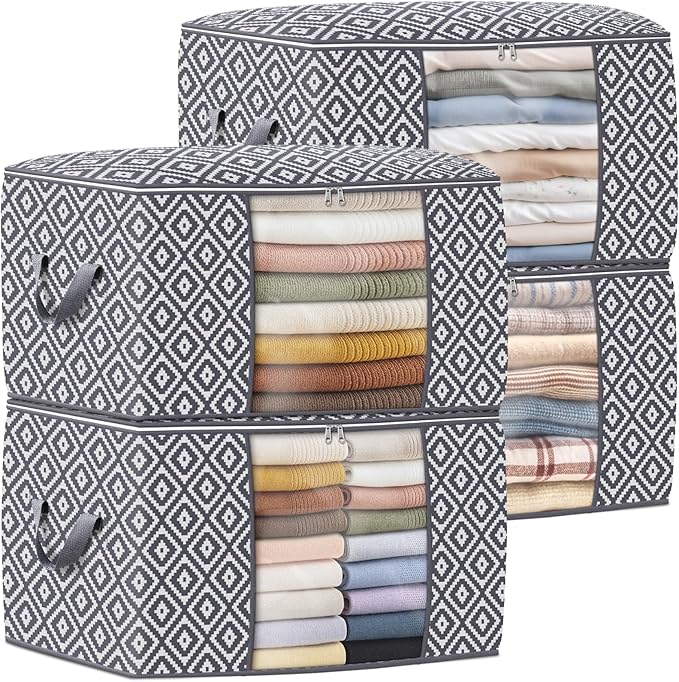 StorageTastic Direct 100L, 4 Pack, Storage Containers, Large Clothes Storage Bins Foldable Organization and Storage Bags with Reinforced Handle, Clear Window for Bedding, Blankets, Clothing, Grey