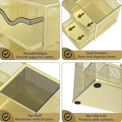 Mesh Desk Organizer, Pen Organizer with 2 Drawers and 5 Compartments, Versatile Pen Holder for Small Space, Desk Organizers and Accessories for School Office Supplies, Gold