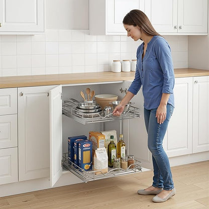 HOLDN’ STORAGE Two Tier Pull Out Cabinet Organizer, Individual Sliding Drawers - Heavy Duty Metal with Lifetime Limited Warranty - Anti Rust Chrome Finish - 12" W x 21”D x 16.5" H