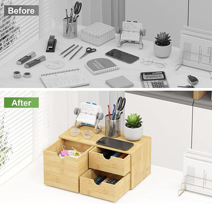 Wisuce Desk Organizer with Drawers - Bamboo Desktop Organizer Storage | White-Natural Wood Desk Drawers Organizer for Bills, Office Supplies, Cosmetics, Seals No Assembly Required(3 drawers edge-free)