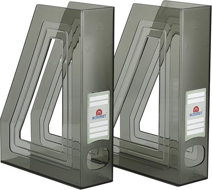 Acrimet Magazine File Holder – Vertical Rack for Documents, Folders and Mail, Durable Plastic Desk Organizer for Office & Home, Smoke (2 Pack)
