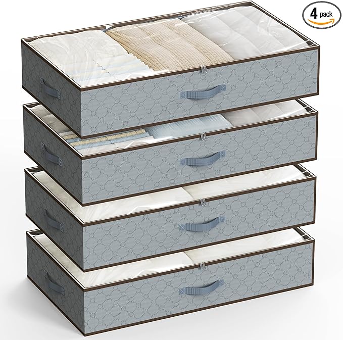 LUOFNI Large Under Bed Storage Containers,[4 Pack/Upgraded Bottom fabric]Carpet-Friendly Design Underbed Clothes Storage with Sturdy Sidewalls,Foldable under bed organizer for Clothes,Blankets,Sweater