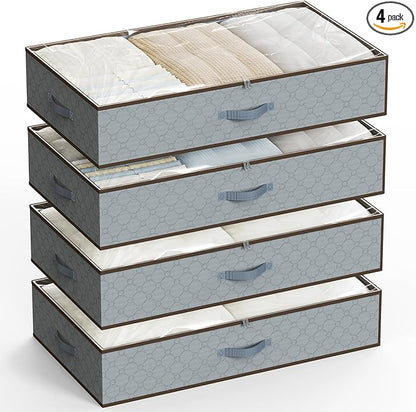 LUOFNI Large Under Bed Storage Containers,[4 Pack/Upgraded Bottom fabric]Carpet-Friendly Design Underbed Clothes Storage with Sturdy Sidewalls,Foldable under bed organizer for Clothes,Blankets,Sweater