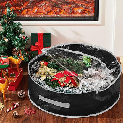 4 Pcs Christmas Wreath Storage Bag, Christmas Garland Storage Container with Clear Window, Zipper & Handle for Xmas Holiday Seasonal Wreath Garland Box(Black,36")