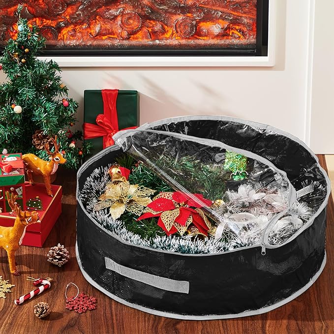 4 Pcs Christmas Wreath Storage Bag, Christmas Garland Storage Container with Clear Window, Zipper & Handle for Xmas Holiday Seasonal Wreath Garland Box(Black,24")