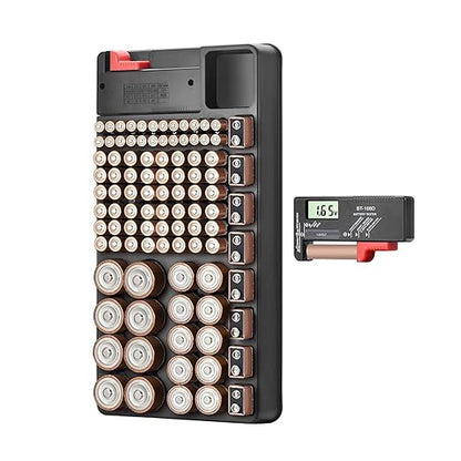 Battery Organizer Storage Case, Stores & Protects Up to 110 Batteries, Holds AAA AA C D 9V Button Cell, Compact Design with Lid for Home & Garage, with Battery Tester (Holds 110 Batteries)
