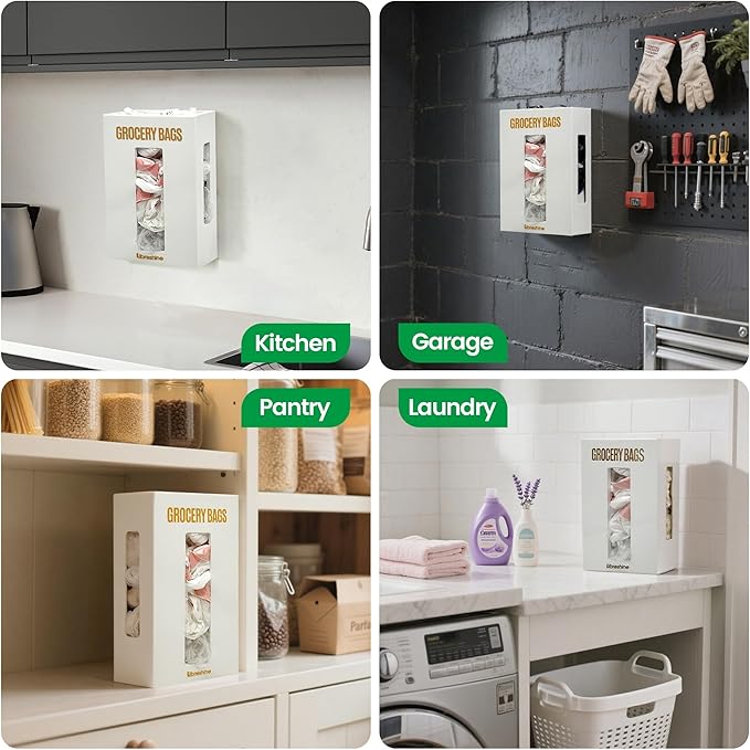 Extra Large White Bamboo Grocery Bag Holder for Plastic Bags, Under Sink Cabinet or Wall Mounted Organizer, Space-Saving Bag Dispenser for Kitchen, Pantry, Laundry Room, Garage
