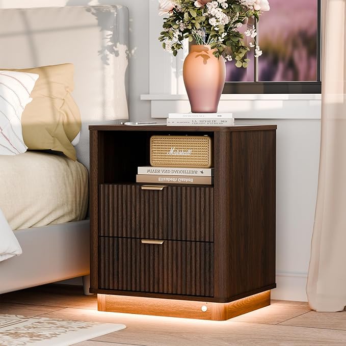 BONITURE Fluted Nightstand, Curved Night Stand with Charging Station Lighting, Wood End Table with 2 Drawers, Modern Side Table Storage Cabinet for Bedroom Office,(1, Walnut)