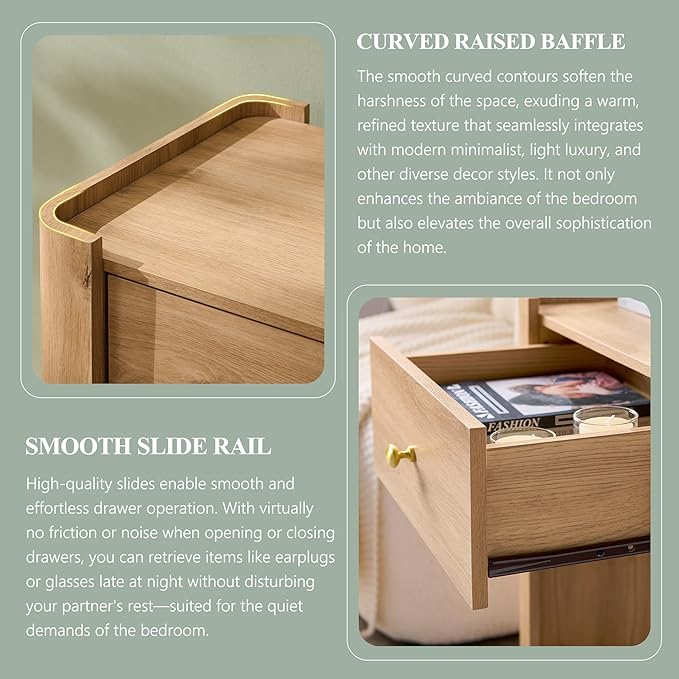 IFGET 23.6" Tall Modern Nightstand Set of 2, 22" Wide Curved Bedside Table with Charging Station, Wooden Night Stand with 1 Storage Drawer, Large End Table for Bedroom, Living Room, Natural