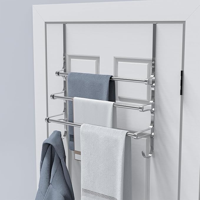 CANYAVE Over The Door Towel Rack, Over Door Towel Rack for Bathroom Door, Triple Towel Storage Holder with Hooks (Silver)