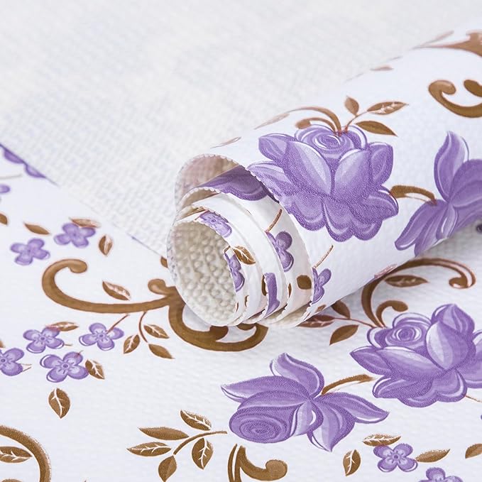 12X120 Inch Shelf Liner for Kitchen Cabinets, PVC Drawer Liner for Dresser Non-Slip Bathroom, Non-Adhesive Cabinet Liner Washable (Purple Floral)(1 Roll)